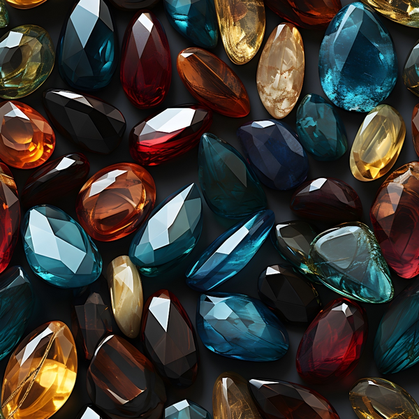 gemstones, crystals, faceted stones, deep blue, turquoise, amber, ruby red, emerald green, golden yellow, smoky gray, jewel tones, precious stones, geometric facets, luxurious, sparkling,, fabric panel, realistic rendering, mineral collection, sophisticated palette