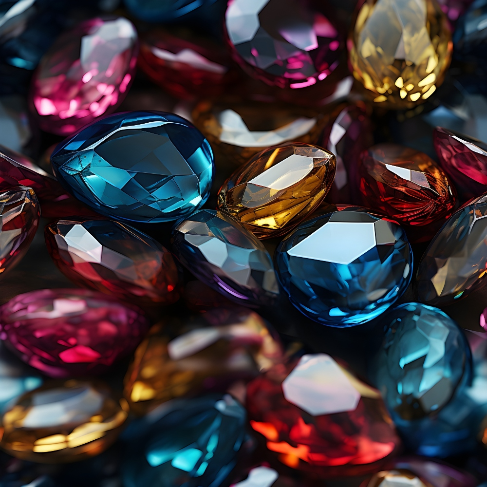 gemstones, crystals, faceted stones, deep blue, ruby red, amber gold, magenta pink, turquoise, purple, emerald green, multifaceted, jewel tones, precious stones, brilliant cut, sparkling, luxurious,, fabric panel, realistic gems, vibrant colors