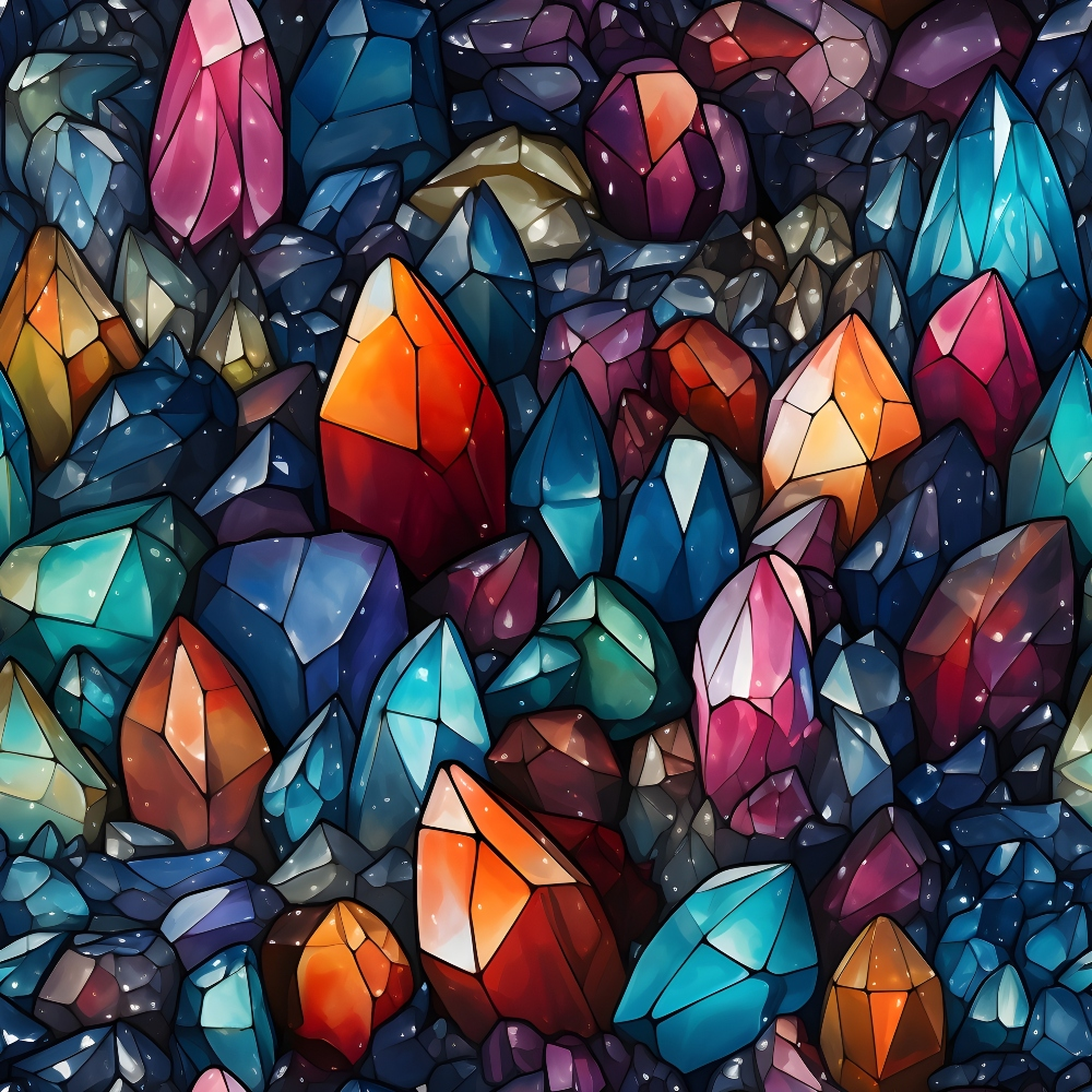 gemstones, crystals, minerals, geometric shapes, faceted gems, deep blue, vibrant pink, orange red, purple amethyst, turquoise, emerald green, burgundy, golden amber, navy background, starry night, sparkly effects, magical atmosphere, fantasy theme,, fabric panel, mystical design, jewel tones, prismatic colors