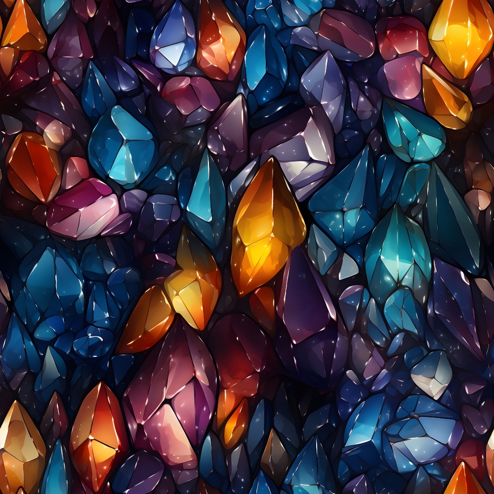 gemstones, crystals, minerals, deep blue, teal, purple, amethyst, orange, amber, burgundy, geometric facets, prismatic, jewel tones, lustrous, sparkling,, fabric panel, modern art style, crystalline structure, multifaceted gems, rich colors, dimensional appearance