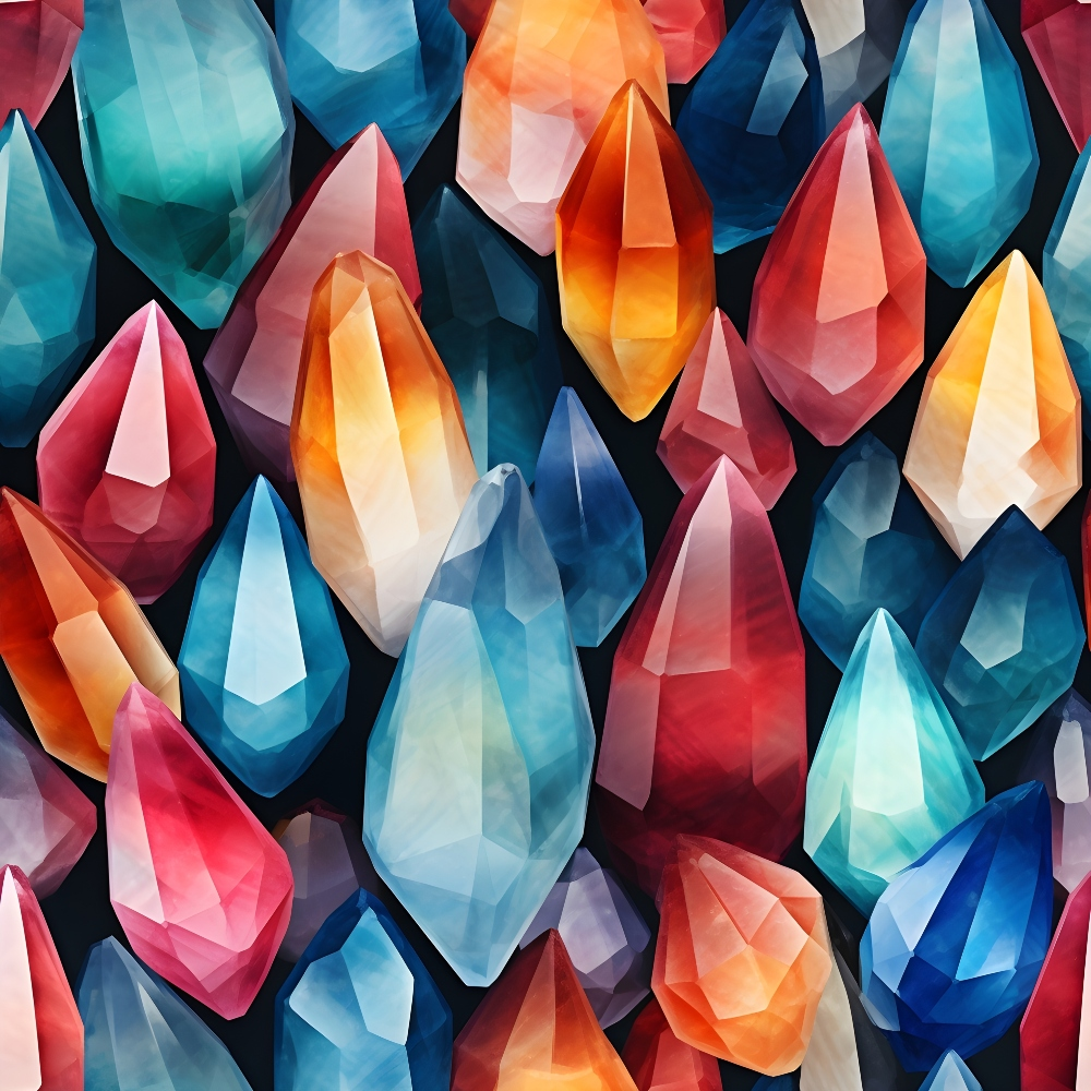 gemstones, crystals, geometric, faceted, polygonal, blue, teal, orange, red, pink, coral, gradient, ombre, translucent, multifaceted, modern art, contemporary,, fabric panel, mineral pattern, jewel tones, abstract geometric, crystalline structure