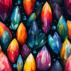 gemstones, crystals, geometric pattern, faceted gems, vibrant colors, orange, blue, purple, pink, teal, yellow, red,, fabric panel, low poly style, modern design, prismatic effect, sparkling, celestial background, rainbow gradient