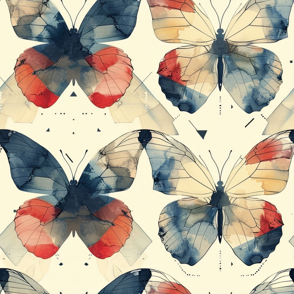 butterflies, geometric pattern, watercolor style, coral orange, navy blue, cream background,, fabric panel, translucent wings, artistic butterflies, soft pastels, nature motif, insect design, flowing wings, delicate creatures, repeating pattern, cotton fabric, quilting material, butterfly collection, muted tones