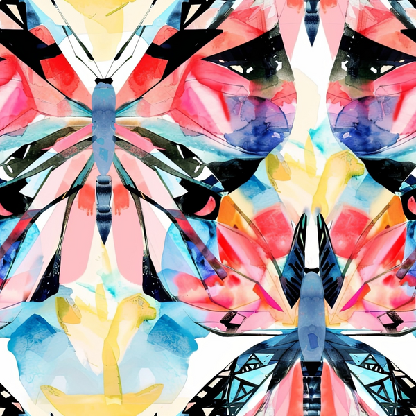watercolor butterflies, geometric patterns, coral pink, turquoise blue, yellow accents, black outlines, abstract wings, kaleidoscope design, vibrant colors,, fabric panel, modern art style, symmetrical motifs, overlapping shapes, artistic insects, contemporary pattern, craft fabric, bright palette, decorative wings