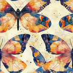 butterflies, dragonflies, watercolor style, orange, blue, navy, cream, beige, geometric wings, insect pattern, nature motif, artistic splashes,, fabric panel, contemporary art, vibrant colors, wing details, scattered dots, painterly effect, modern design