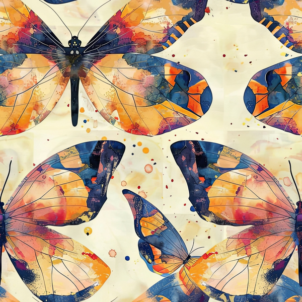 butterflies, dragonflies, watercolor style, orange, blue, navy, cream, beige, geometric wings, insect pattern, nature motif, artistic splashes,, fabric panel, contemporary art, vibrant colors, wing details, scattered dots, painterly effect, modern design