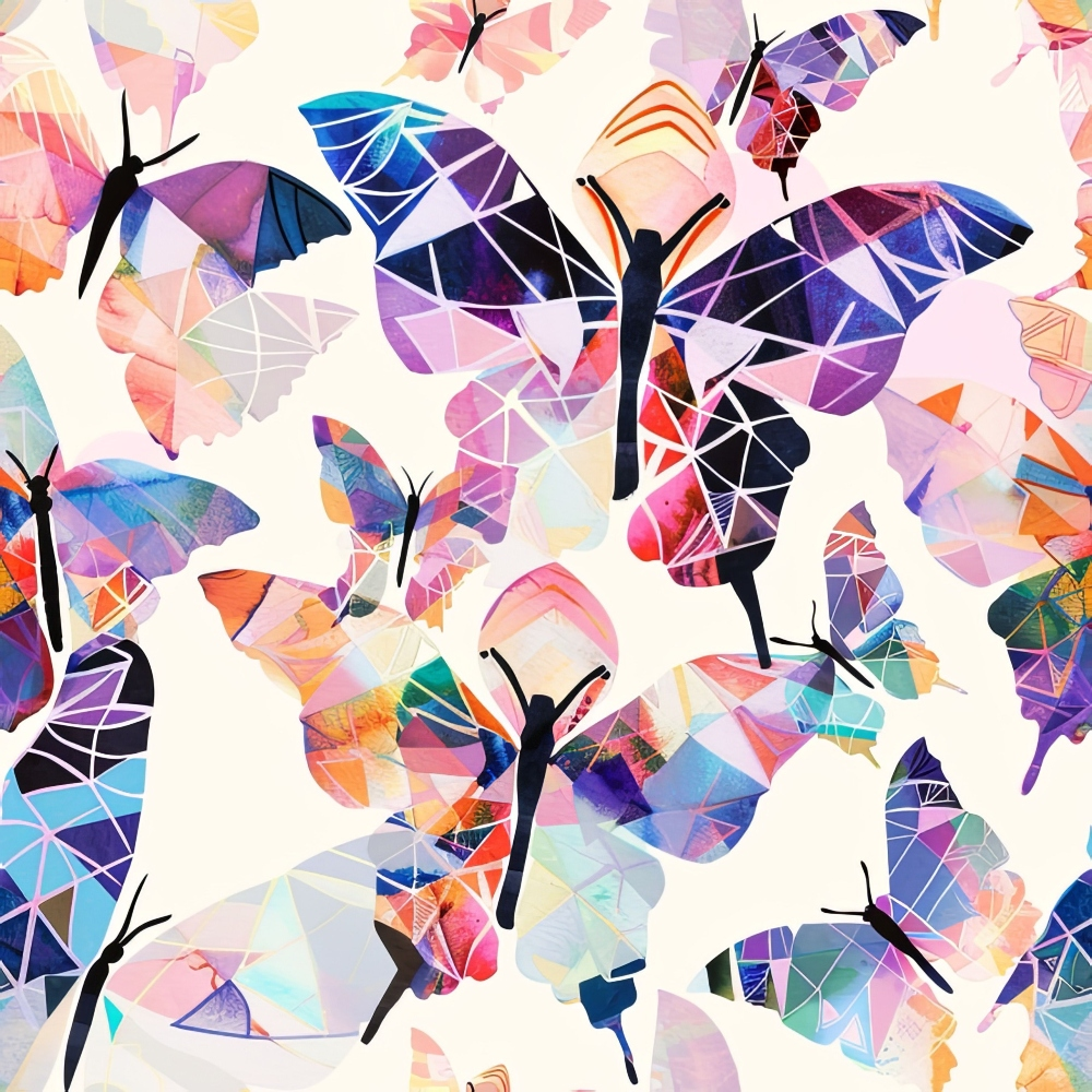 geometric butterflies, abstract butterflies, watercolor effect, purple, pink, blue, orange, coral, mosaic pattern, triangular shapes, polygonal design, modern art style, contemporary pattern,, fabric panel, colorful insects, artistic butterflies, geometric wings, vibrant colors, whimsical design