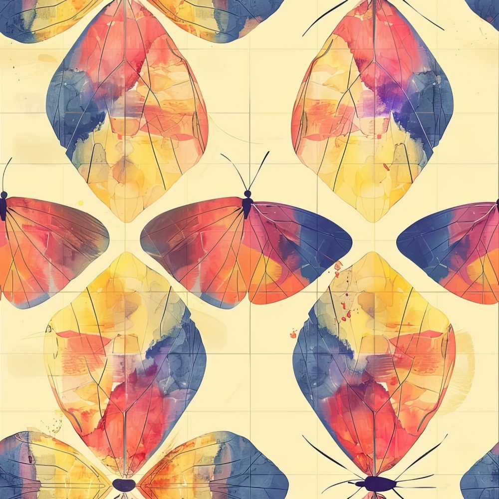 butterflies, geometric pattern, watercolor style, coral pink, navy blue, golden yellow, cream background, autumn colors, sunset hues,, fabric panel, nature motif, artistic wings, warm palette, decorative butterflies, pastel tones, craft fabric, patchwork design, vibrant colors, contemporary art