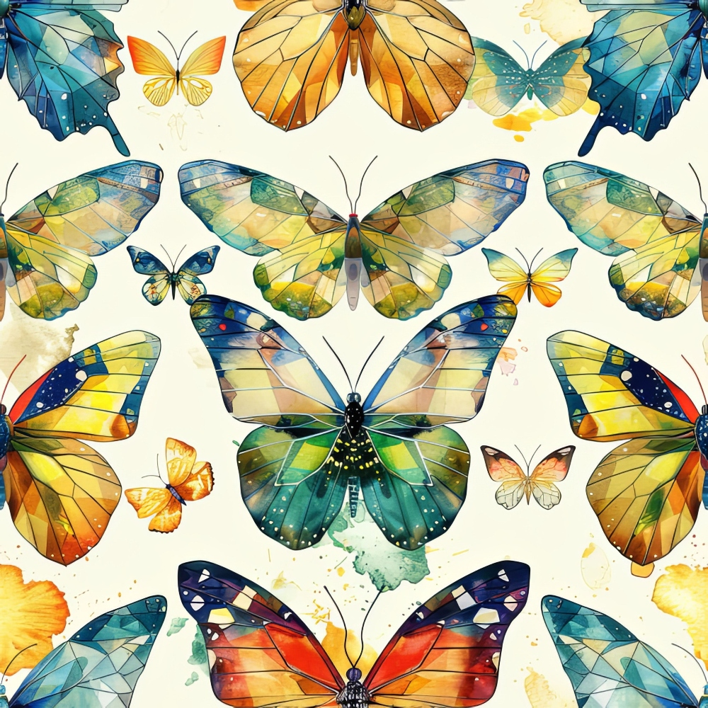 butterflies, geometric pattern, watercolor style,, fabric panel, orange wings, blue wings, yellow accents, teal colors, green hues, insect motifs, nature inspired, artistic butterflies, colorful wings, symmetrical design, spring theme, delicate patterns, whimsical design, botanical elements