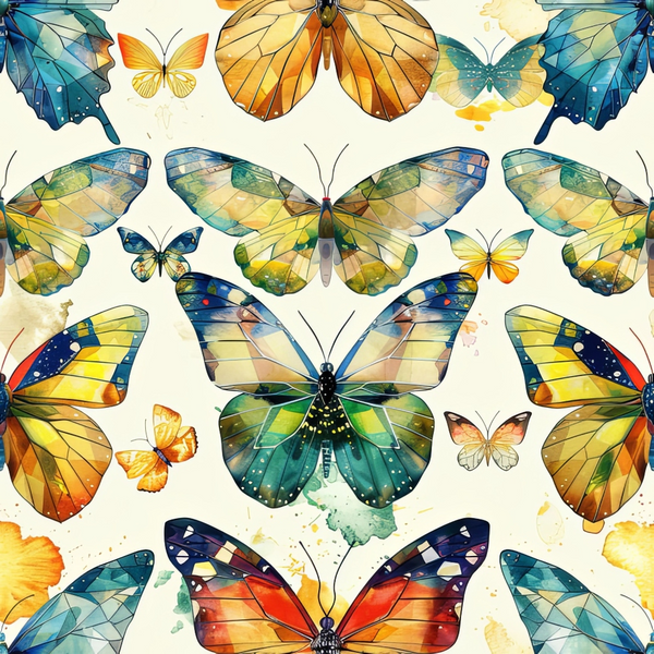 butterflies, geometric pattern, watercolor style,, fabric panel, orange wings, blue wings, yellow accents, teal colors, green hues, insect motifs, nature inspired, artistic butterflies, colorful wings, symmetrical design, spring theme, delicate patterns, whimsical design, botanical elements