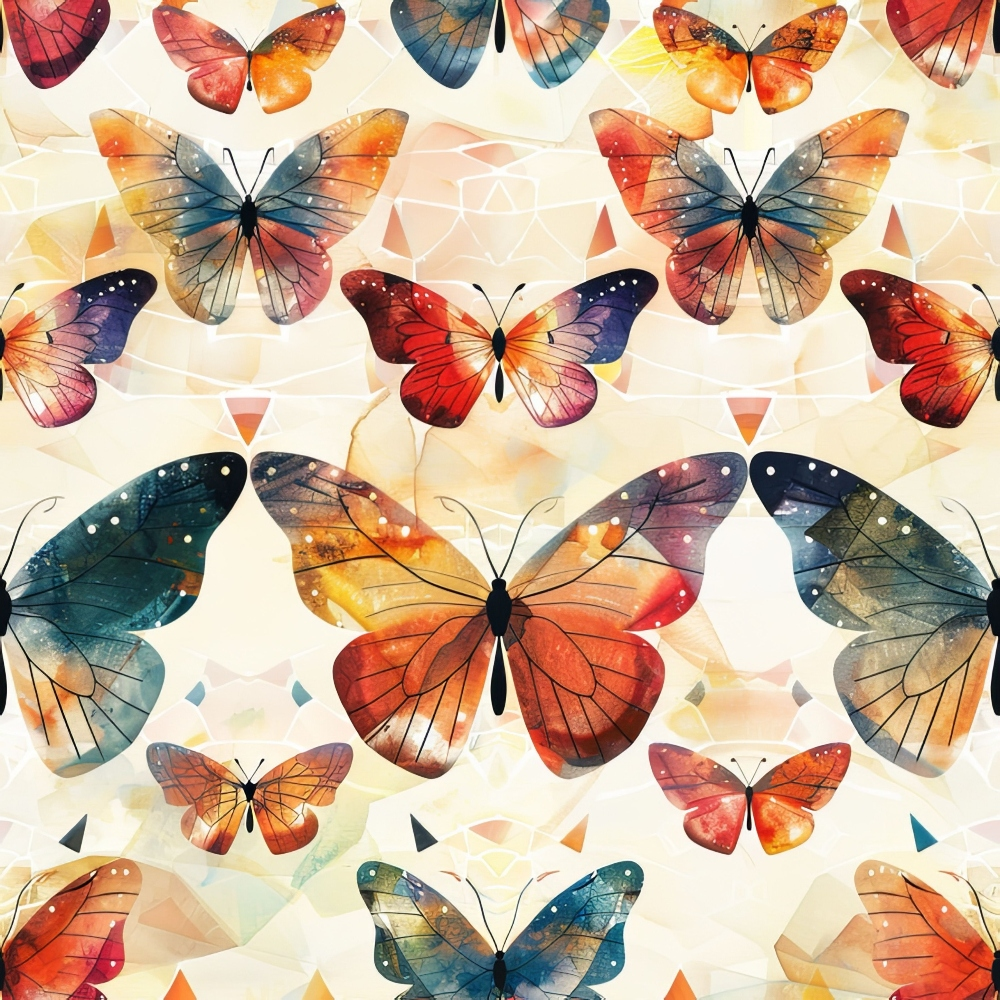 butterflies, geometric pattern, watercolor style, orange, blue, red, yellow, purple, teal,, fabric panel, wings, nature motifs, artistic illustration, vibrant colors, repeating pattern, insect design, colorful butterflies, soft pastels, crafting fabric