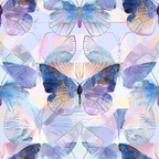 geometric butterflies, purple, blue, lavender, pink, coral, watercolor effect, symmetrical pattern, mirrored design, translucent wings, layered composition, dreamy aesthetic,, fabric panel, kaleidoscope style, pastel palette, overlapping motifs, ethereal mood, butterfly wings, geometric shapes