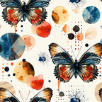 butterflies, watercolor style, geometric circles, orange, blue, cream, red, abstract shapes, nature motif,, fabric panel, artistic splashes, modern design, wings, insects, contemporary art, scattered dots, organic forms, mixed media look