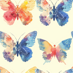 watercolor butterflies, geometric patterns, coral pink, navy blue, golden yellow, turquoise, purple accents,, fabric panel, delicate wings, artistic illustration, spring theme, nature motifs, soft pastels, repeating pattern, insect design, whimsical style, crafting material, sewing fabric, botanical elements