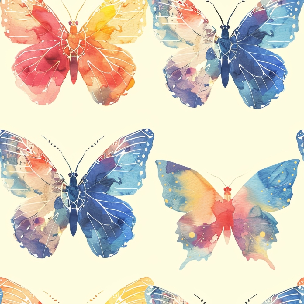 watercolor butterflies, geometric patterns, coral pink, navy blue, golden yellow, turquoise, purple accents,, fabric panel, delicate wings, artistic illustration, spring theme, nature motifs, soft pastels, repeating pattern, insect design, whimsical style, crafting material, sewing fabric, botanical elements