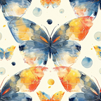 watercolor butterflies, blue wings, orange accents, geometric circles, abstract art,, fabric panel, artistic butterflies, pastel background, modern design, nature motif, insect pattern, contemporary style, craft fabric, sewing material, decorative butterflies, colorful wings, artistic rendering, soft colors, whimsical butterflies