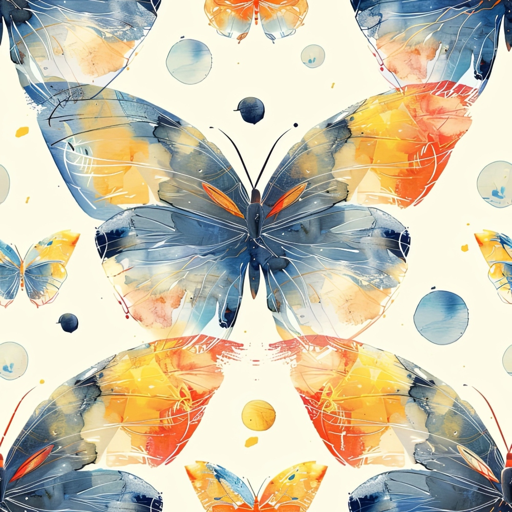 watercolor butterflies, blue wings, orange accents, geometric circles, abstract art,, fabric panel, artistic butterflies, pastel background, modern design, nature motif, insect pattern, contemporary style, craft fabric, sewing material, decorative butterflies, colorful wings, artistic rendering, soft colors, whimsical butterflies