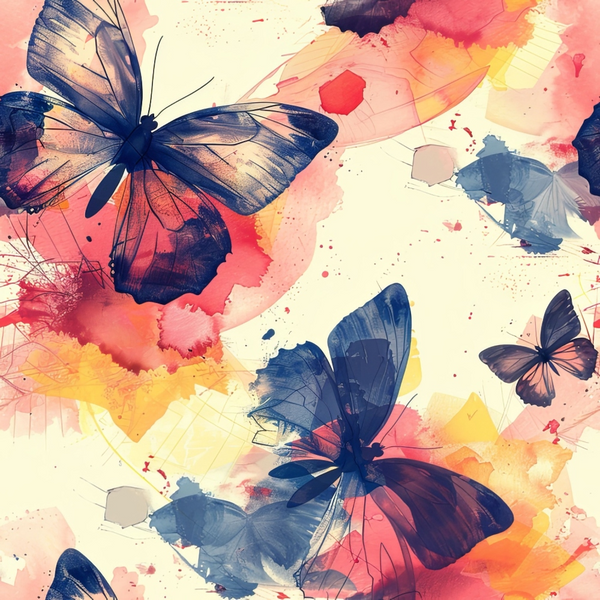 watercolor butterflies, navy blue, coral pink, yellow orange, abstract watercolor, butterfly silhouettes, artistic splashes, modern watercolor,, fabric panel, nature inspired, delicate wings, flowing design, contemporary art, soft pastels, organic shapes, painterly style, botanical theme, spring motifs, layered colors