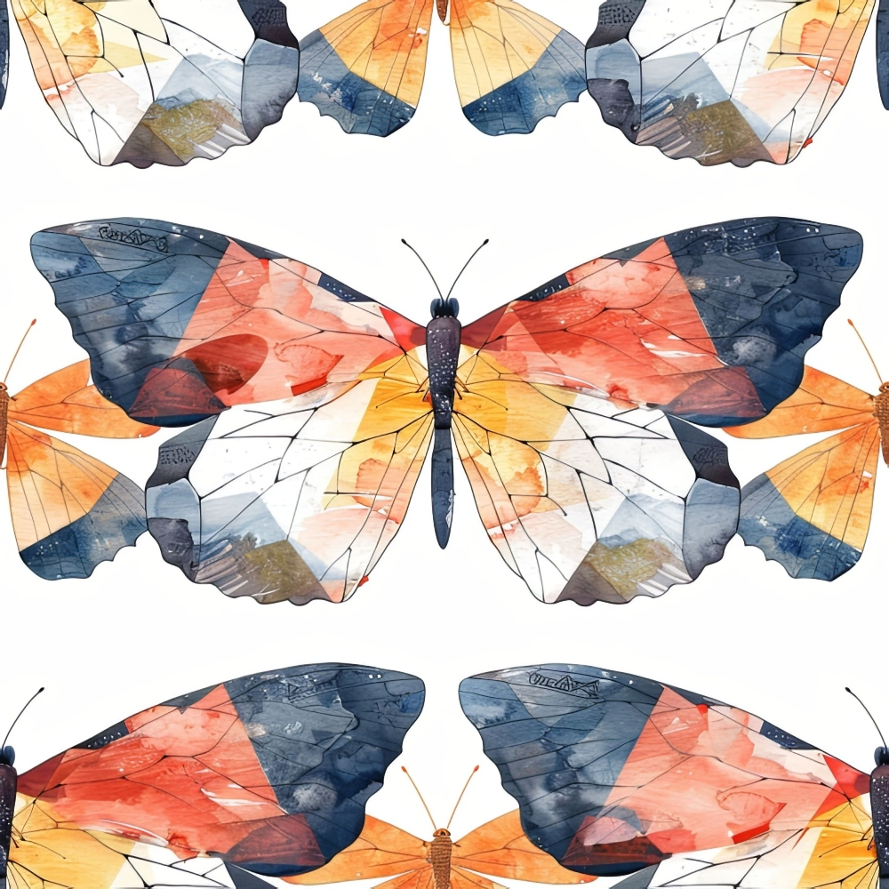 butterflies, geometric pattern, watercolor style, coral pink, navy blue, orange, yellow, white, artistic wings, symmetrical design,, fabric panel, nature inspired, contemporary art, wing details, colorful insects, modern geometric, triangular shapes, abstract elements, crafting material