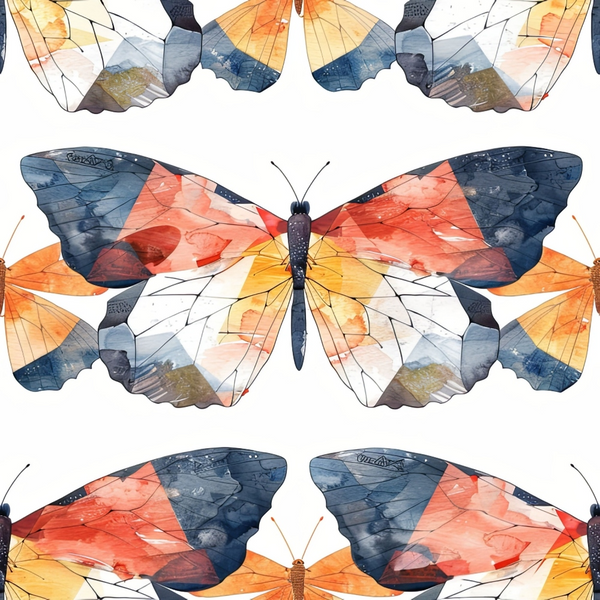 butterflies, geometric pattern, watercolor style, coral pink, navy blue, orange, yellow, white, artistic wings, symmetrical design,, fabric panel, nature inspired, contemporary art, wing details, colorful insects, modern geometric, triangular shapes, abstract elements, crafting material