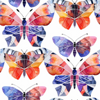 geometric butterflies, watercolor style, coral pink, deep blue, purple hues, orange tones, faceted wings, angular design, modern art,, fabric panel, repeating pattern, contemporary style, artistic butterflies, polygonal shapes, vibrant colors, crafting fabric, sewing material, abstract insects, colorful wings