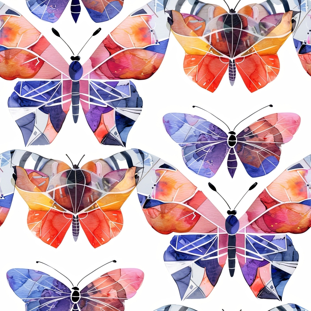 geometric butterflies, watercolor style, coral pink, deep blue, purple hues, orange tones, faceted wings, angular design, modern art,, fabric panel, repeating pattern, contemporary style, artistic butterflies, polygonal shapes, vibrant colors, crafting fabric, sewing material, abstract insects, colorful wings