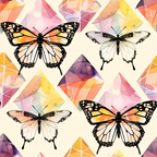 geometric butterflies,, fabric panel, watercolor style, orange, yellow, pink, purple, coral, cream background, diamond shapes, crystal patterns, monarch butterflies, swallowtail butterflies, contemporary art, soft pastels, nature motifs, modern geometric, translucent effects, whimsical design
