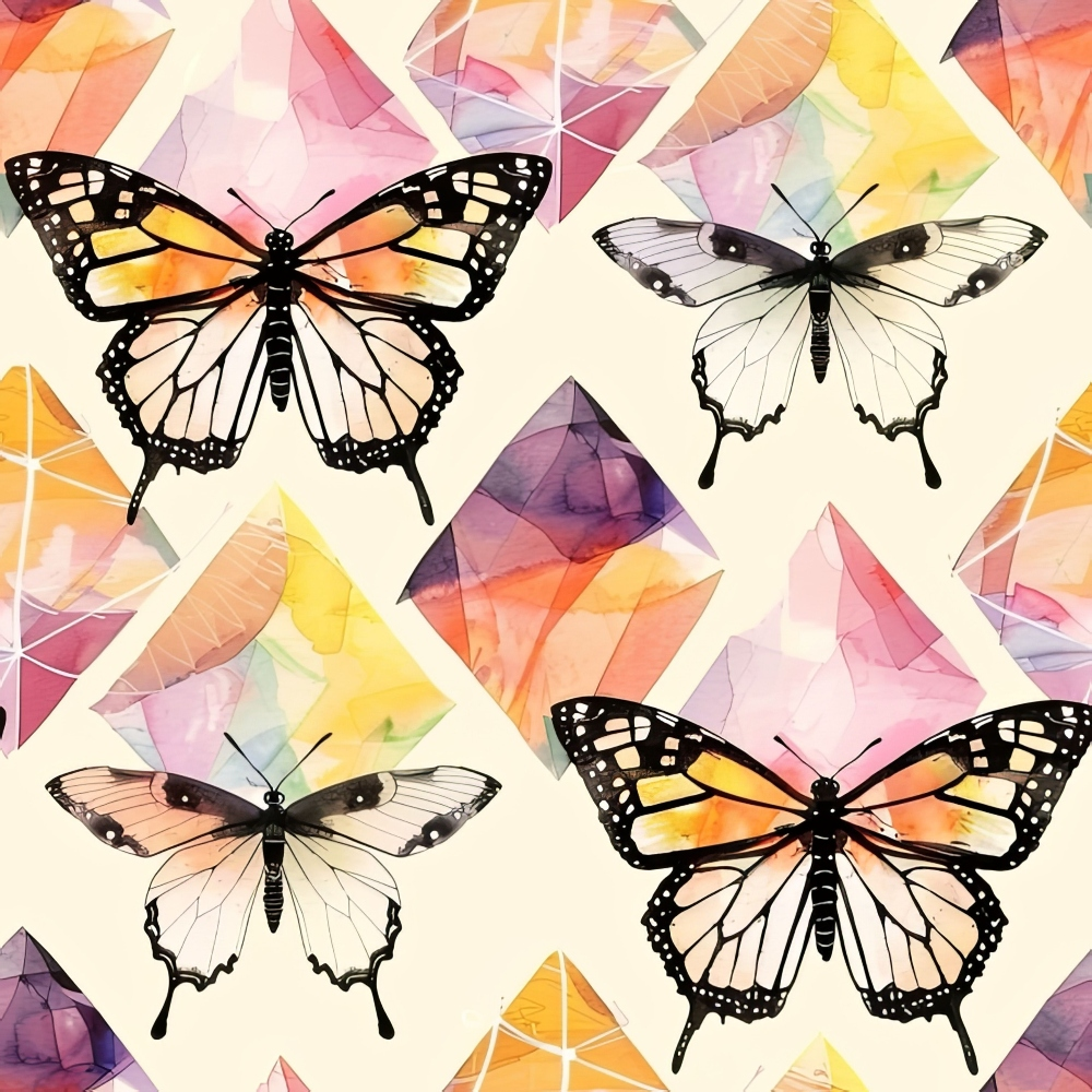 geometric butterflies,, fabric panel, watercolor style, orange, yellow, pink, purple, coral, cream background, diamond shapes, crystal patterns, monarch butterflies, swallowtail butterflies, contemporary art, soft pastels, nature motifs, modern geometric, translucent effects, whimsical design
