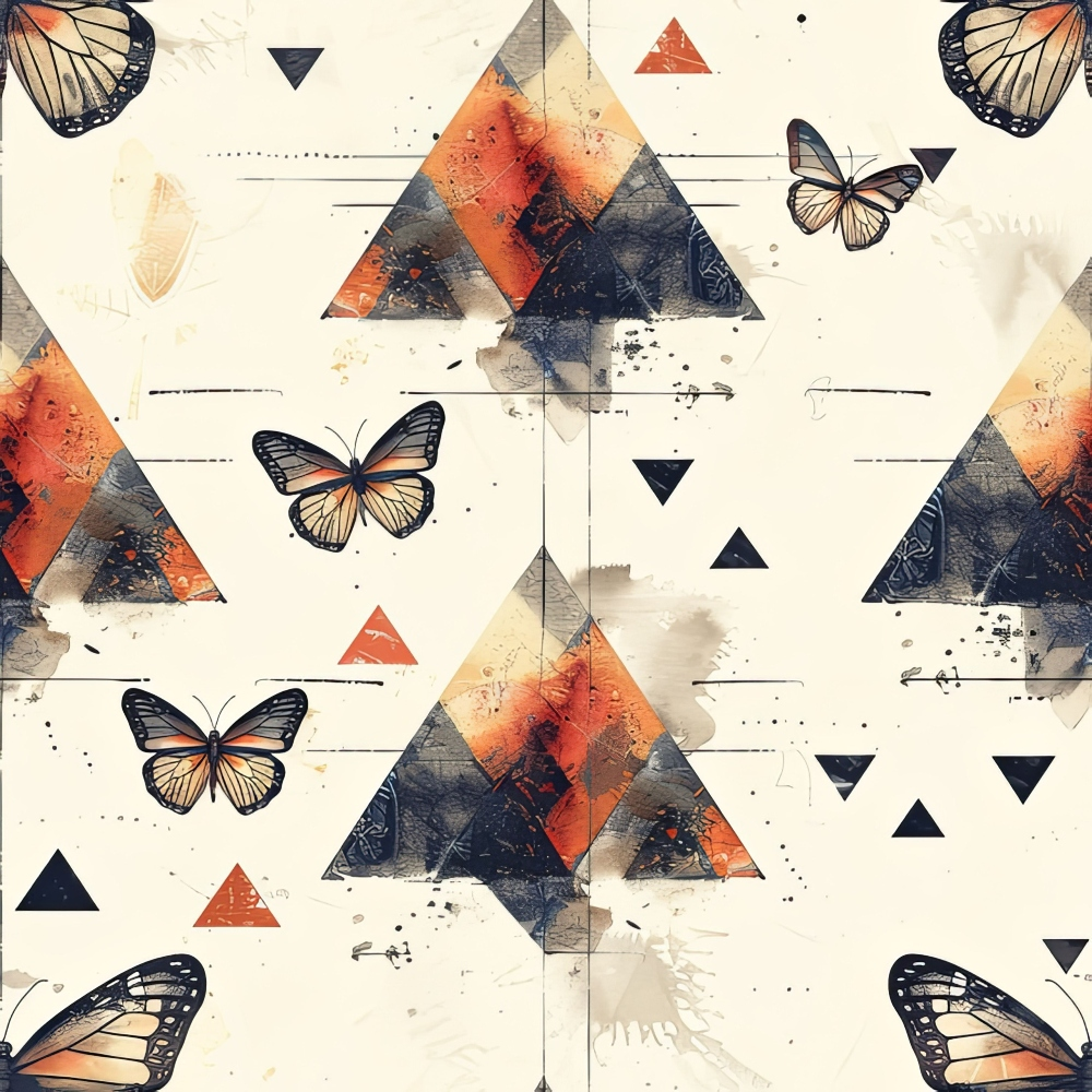 geometric pattern, butterflies, triangular shapes, orange, navy blue, cream, beige, watercolor effect, abstract triangles, monarch butterflies,, fabric panel, modern design, contemporary style, nature motif, artistic splashes, textured appearance, scattered elements, warm tones, cool tones