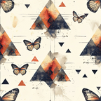 geometric pattern, butterflies, triangular shapes, orange, navy blue, cream, beige, watercolor effect, abstract triangles, monarch butterflies,, fabric panel, modern design, contemporary style, nature motif, artistic splashes, textured appearance, scattered elements, warm tones, cool tones