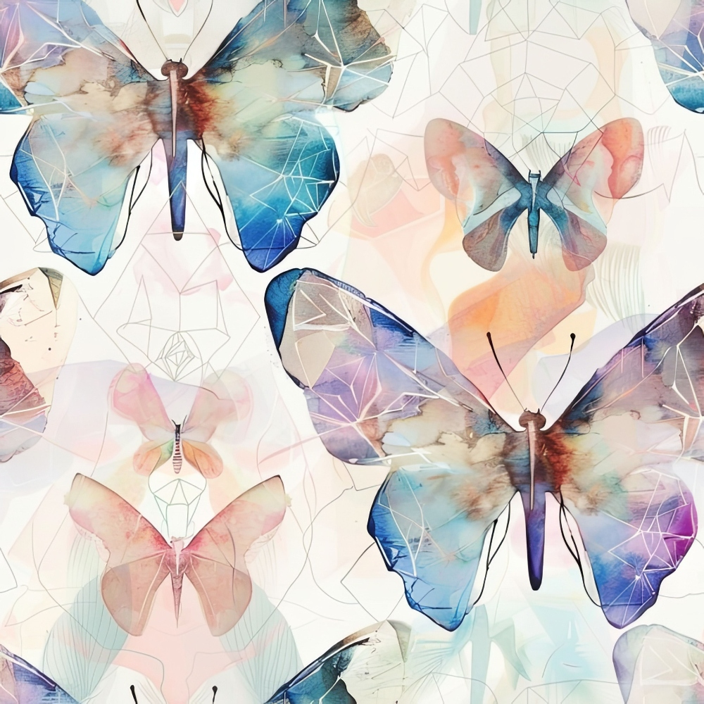 butterflies, geometric pattern, watercolor, pastel colors, blue tones, pink hues, purple shades, coral accents, translucent wings, overlapping design, contemporary art, delicate motifs,, fabric panel, soft pastels, abstract geometric, nature inspired, layered effect, artistic butterflies, modern pattern