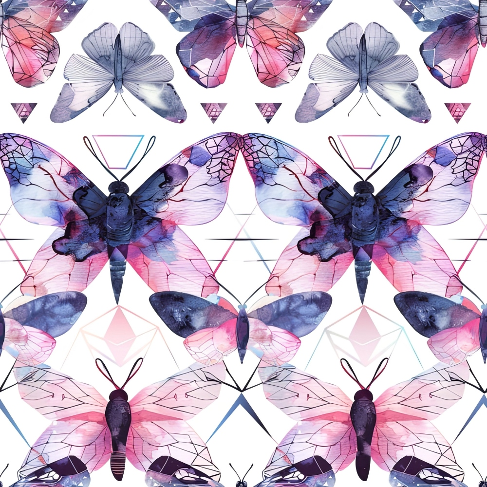 butterflies, geometric pattern, watercolor style, pink tones, purple hues, blue accents, navy blue, translucent wings, repeating pattern,, fabric panel, delicate insects, overlapping triangles, artistic illustration, soft pastels, nature motif, contemporary design, seamless repeat, craft fabric, winged creatures