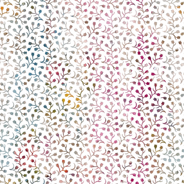 floral pattern, botanical design, branching stems, small flowers, watercolor style, muted pastels, pink tones, blue accents, gray hues, beige colors, purple shades, vintage aesthetic, distressed texture, grunge style,, fabric panel, delicate motifs, soft colors, artistic pattern, nature inspired