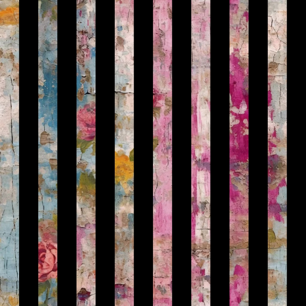 grunge texture, distressed plaster, pink tones, magenta stripes, blue accents, orange highlights, weathered surface, vintage style, cracked paint, cotton fabric, quilting panel, shabby chic, mixed media art, abstract design, feminine colors, artistic stripes, textured background, crafting material