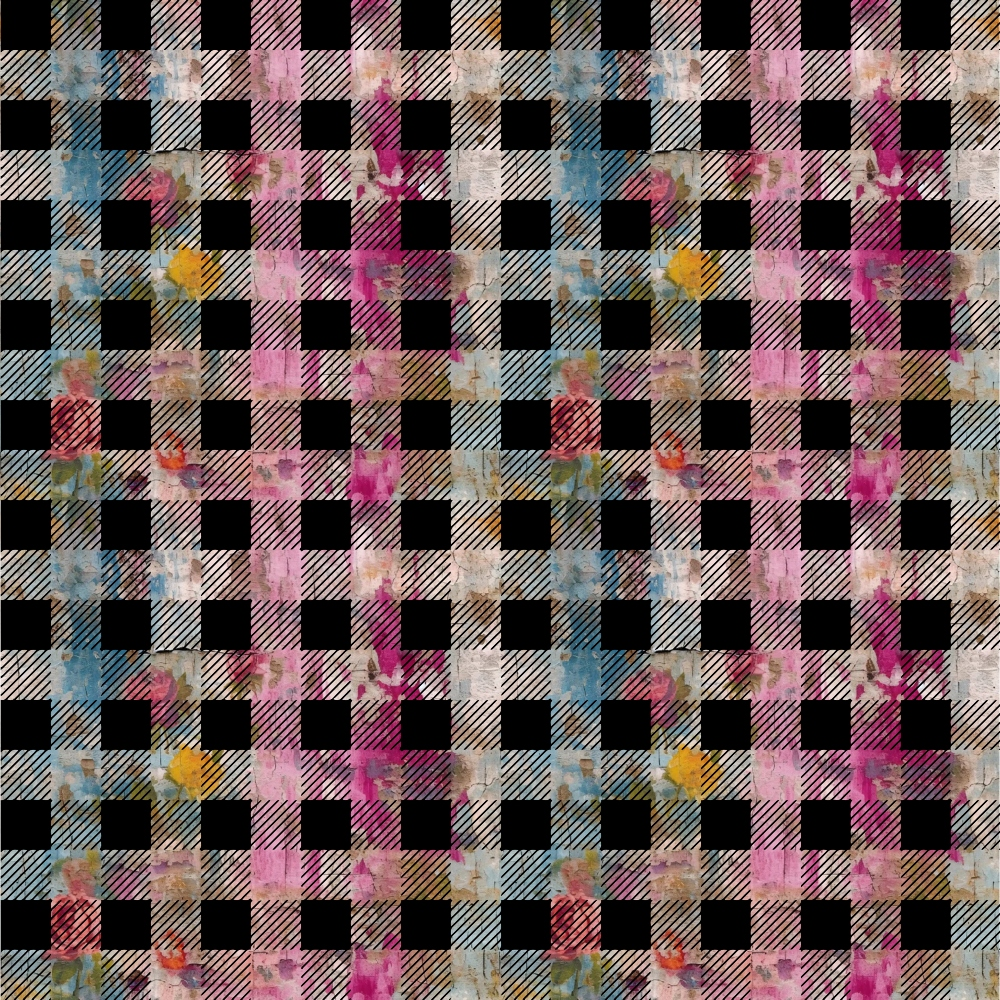 girly grunge, plaster texture, checkered pattern, gingham, black squares, pink florals, blue flowers, yellow accents, distressed texture, grunge aesthetic,, fabric panel, floral motifs, checker design, pastel colors, weathered look, mixed media style, feminine grunge, textured surface, repeating pattern