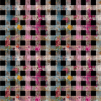 girly grunge, plaster texture, checkered pattern, gingham, black squares, pink florals, blue flowers, yellow accents, distressed texture, grunge aesthetic,, fabric panel, floral motifs, checker design, pastel colors, weathered look, mixed media style, feminine grunge, textured surface, repeating pattern