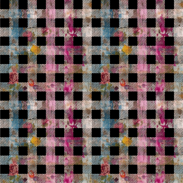 girly grunge, plaster texture, checkered pattern, gingham, black squares, pink florals, blue flowers, yellow accents, distressed texture, grunge aesthetic,, fabric panel, floral motifs, checker design, pastel colors, weathered look, mixed media style, feminine grunge, textured surface, repeating pattern