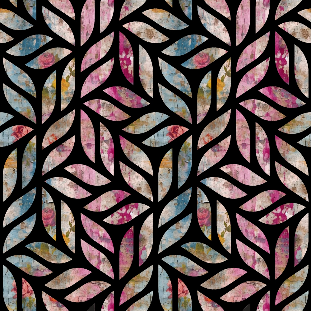 floral pattern, leaf motif, botanical design, pink tones, blue accents, vintage style, distressed texture, grunge aesthetic,, fabric panel, feminine colors, weathered look, nature inspired, soft pastels, romantic florals, shabby chic, cotton fabric, craft material, sewing supply