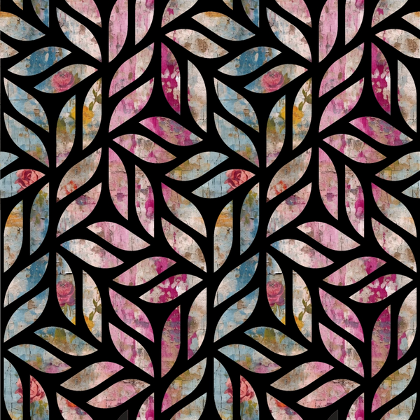 floral pattern, leaf motif, botanical design, pink tones, blue accents, vintage style, distressed texture, grunge aesthetic,, fabric panel, feminine colors, weathered look, nature inspired, soft pastels, romantic florals, shabby chic, cotton fabric, craft material, sewing supply
