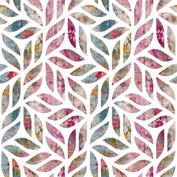 pink, blue, watercolor, grunge, distressed, floral, roses, leaf pattern, organic shapes, botanical, abstract, vintage style, textured,, fabric panel, feminine, artistic, painted effect, nature motifs, soft pastels