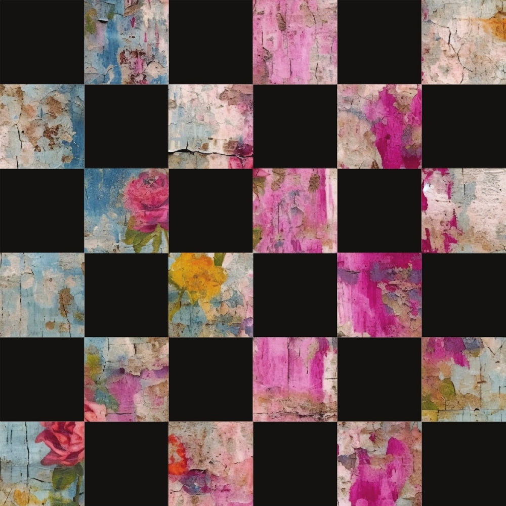 pink, magenta, blue, yellow, orange, grunge, distressed, peeling paint, cracked texture, weathered, vintage, shabby chic, abstract, checkerboard pattern,, fabric panel, artistic, moody, layered colors, textured surface
