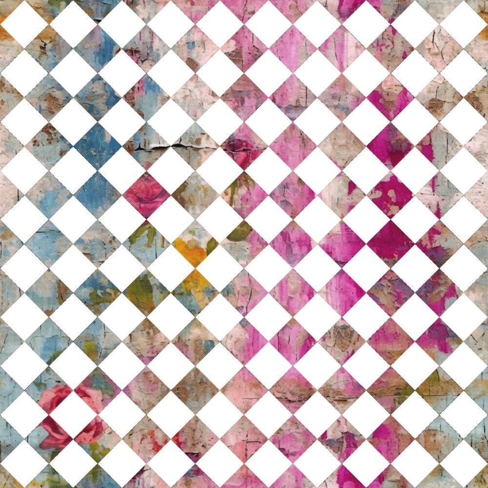 pink, magenta, blue, teal, orange, yellow, white, diamond pattern, checkerboard, distressed texture, grunge style, weathered, vintage wash,, fabric panel, geometric design, alternating squares, artistic texture, shabby chic, contemporary