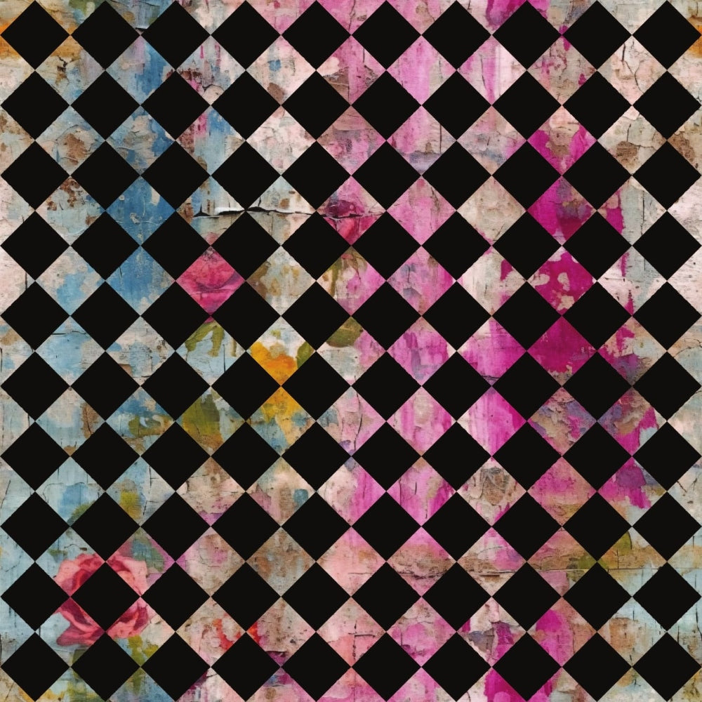 pink, magenta, blue, black, white, beige, checkerboard pattern, diamond grid, distressed texture, grunge style, weathered look, geometric design, alternating squares, vintage wash, faded appearance,, fabric panel, abstract pattern, worn aesthetic, shabby chic
