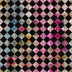 pink, magenta, blue, black, white, beige, checkerboard pattern, diamond grid, distressed texture, grunge style, weathered look, geometric design, alternating squares, vintage wash, faded appearance,, fabric panel, abstract pattern, worn aesthetic, shabby chic