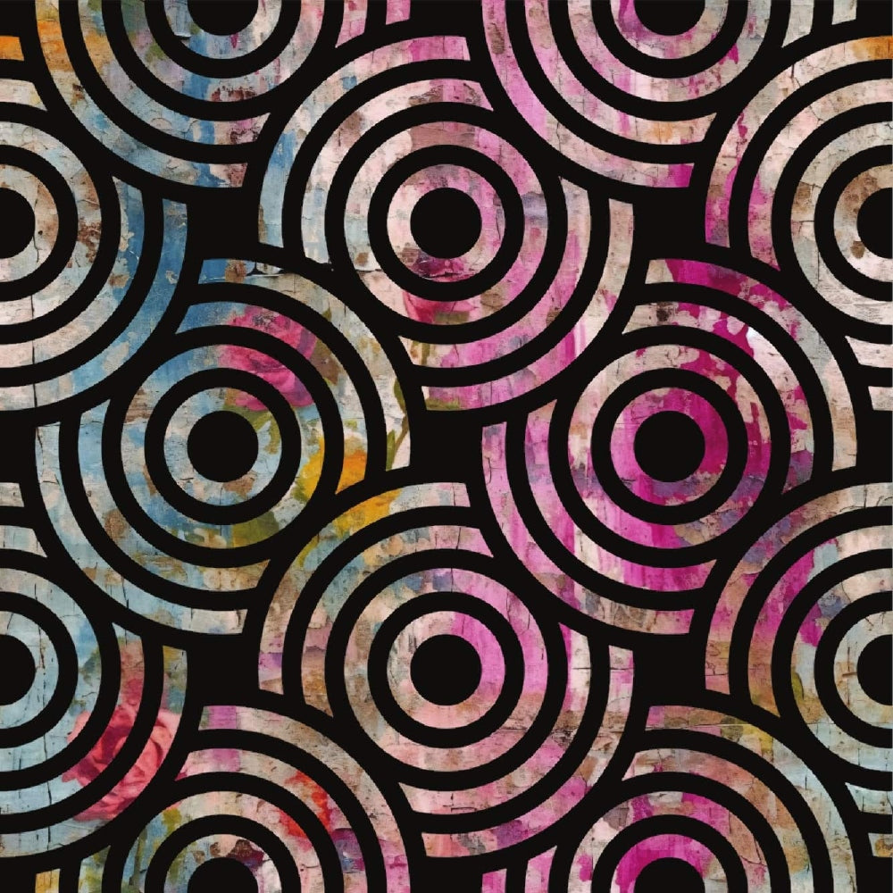 grunge texture, concentric circles, pink tones, blue accents, black background, distressed finish, geometric pattern, weathered appearance,, fabric panel, modern design, circular motifs, pastel colors, contemporary style, abstract pattern, girly aesthetic, plaster effect, repetitive design, craft fabric, sewing material