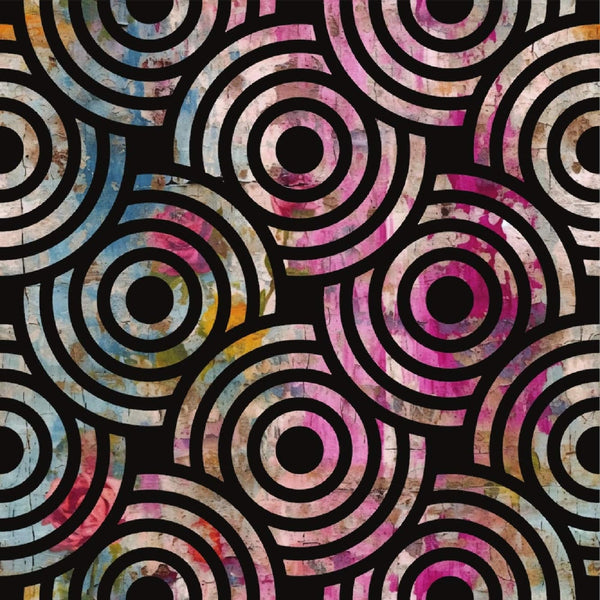 grunge texture, concentric circles, pink tones, blue accents, black background, distressed finish, geometric pattern, weathered appearance,, fabric panel, modern design, circular motifs, pastel colors, contemporary style, abstract pattern, girly aesthetic, plaster effect, repetitive design, craft fabric, sewing material