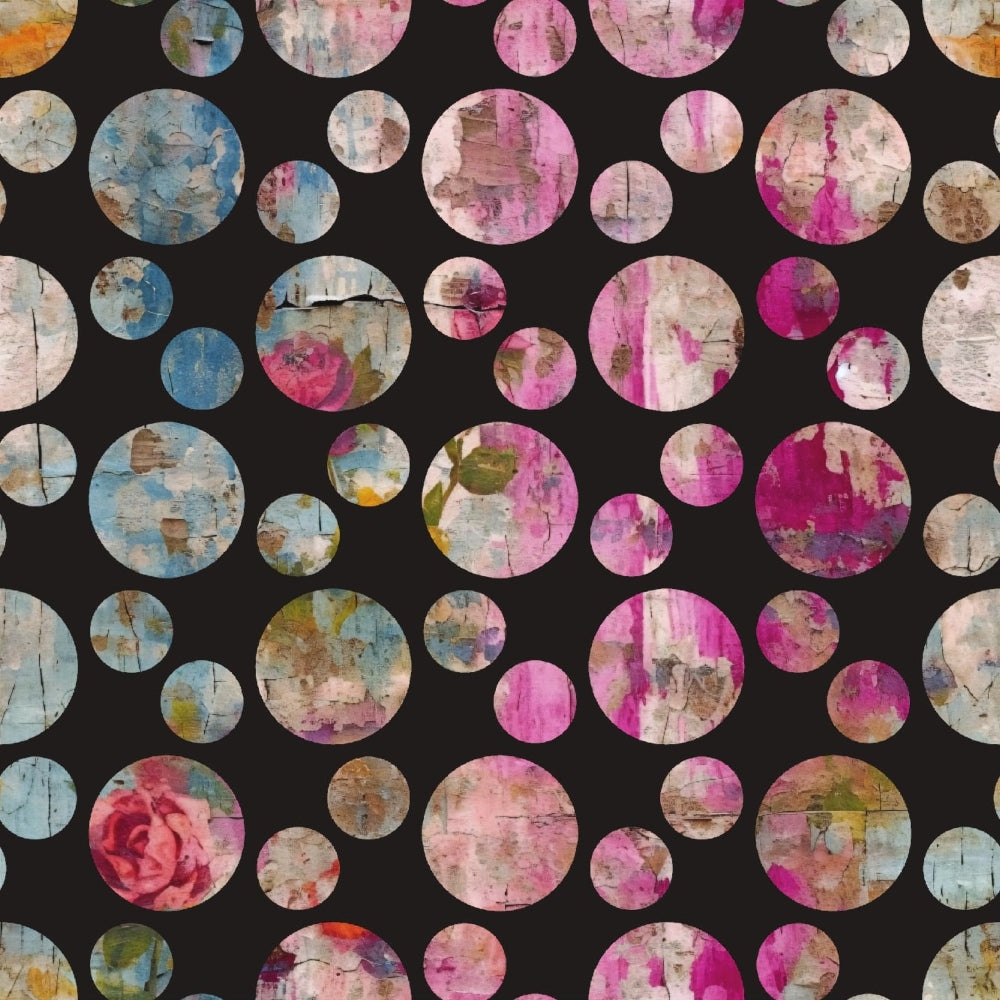 girly grunge, plaster texture, distressed circles, polka dots, pink, magenta, blue, beige, weathered paint, vintage worn, cracked surface,, fabric panel, shabby chic, mixed media style, peeling paint, rose motif, circular pattern, grunge aesthetic, pastel colors