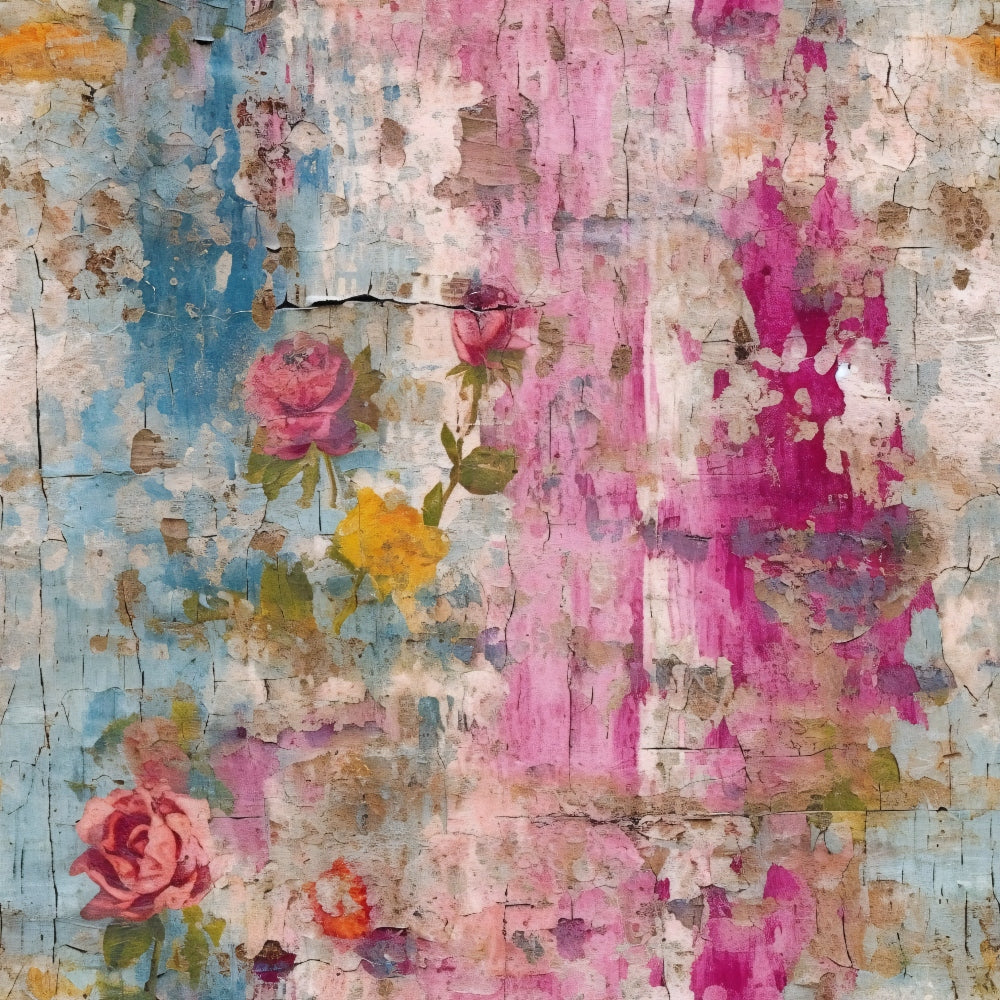 pink, magenta, blue, yellow, orange, white, brown, roses, floral, distressed, grunge, weathered, cracked, peeling paint, vintage, shabby chic,, fabric panel, artistic, bohemian, mixed media