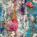 turquoise, magenta, coral, white, orange, purple, distressed texture, grunge style, floral motifs, roses, weathered appearance, abstract pattern, vintage aesthetic, peeling paint effect,, fabric panel, artistic background, mixed media look, bohemian style, textured surface