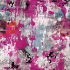 grunge pattern, distressed texture, magenta pink, fuschia, gray, white, blue accents, cracked paint, dripping paint, weathered surface, abstract design, urban style, edgy aesthetic,, fabric panel, street art inspired, layered colors, paint splatter, worn appearance, contemporary fabric